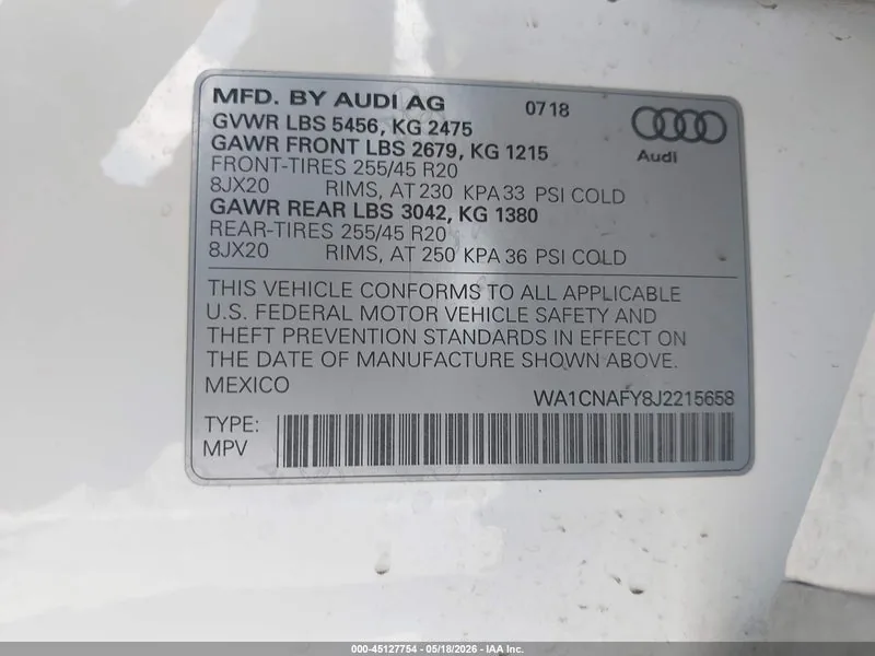 2018 AUDI Q5 Lot #45127754 thumbnail 9