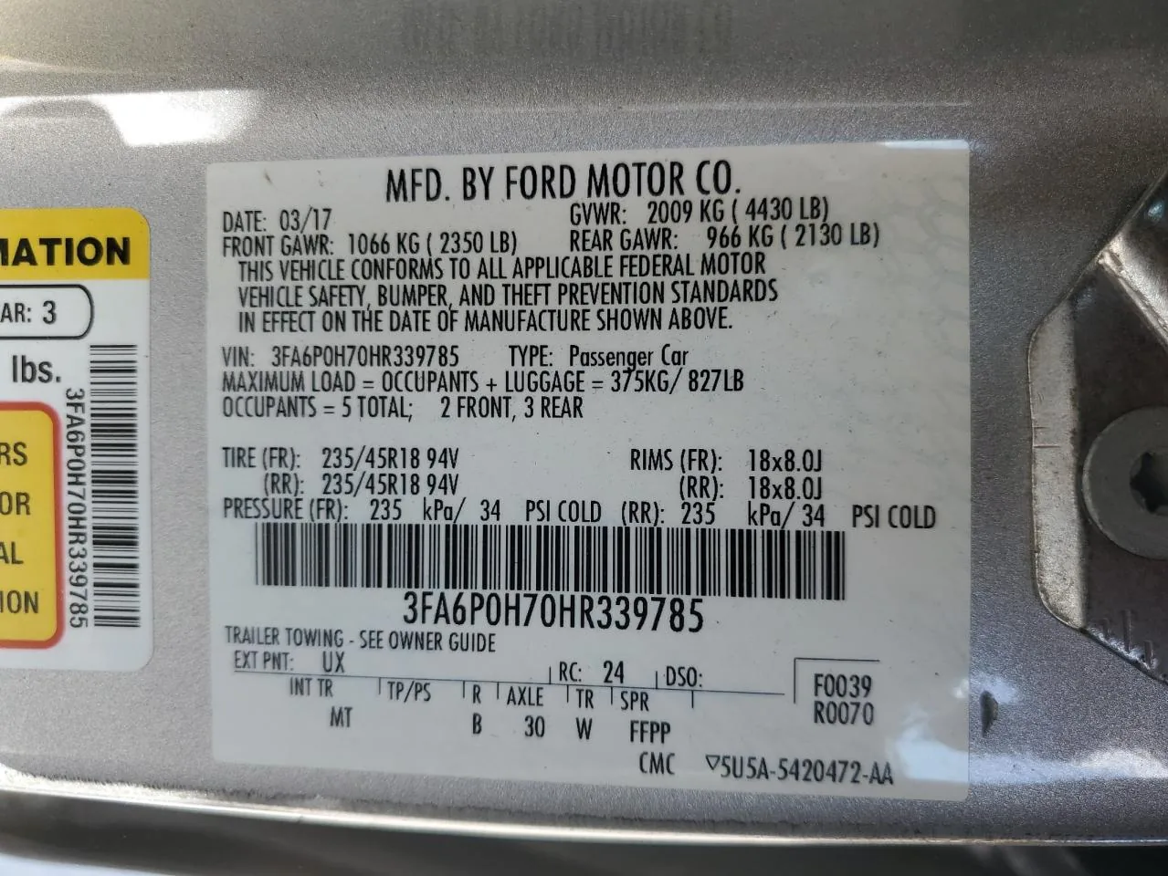 2017 Ford FUSION SE Lot #52534944 thumbnail 12